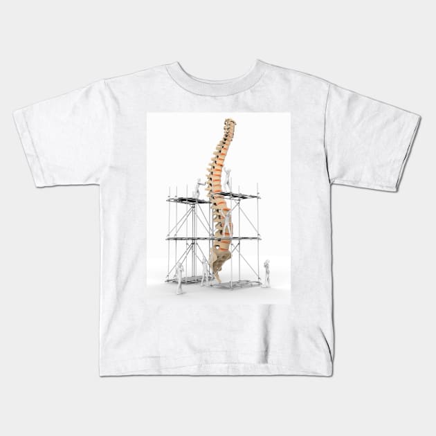 Spine with workers, spine repair (F007/9884) Kids T-Shirt by SciencePhoto